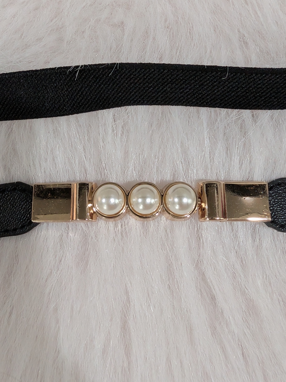 Women's Black Elastic Belt with Gold & Pearl Accent